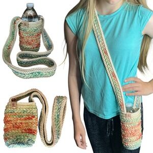 Handmade Multicolor Crochet Water Bottle Holder Bag Wheat Stitch Boho Crossbody
